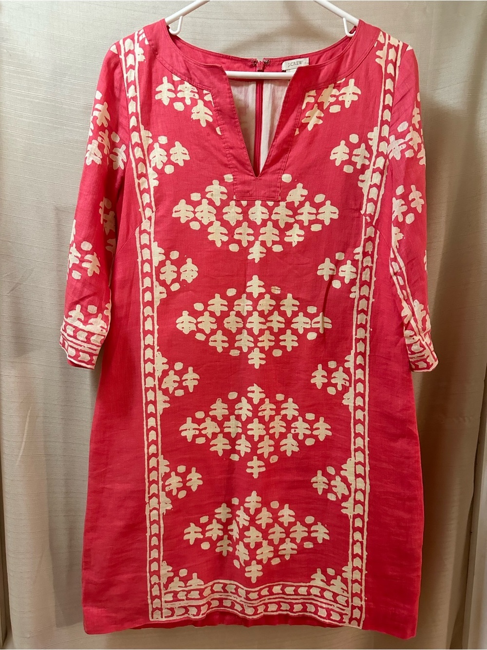 J.Crew Pink White Printed Cotton Shift Dress Size 4 Lined 3/4 Sleeve Boho